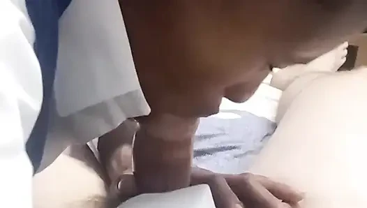 Black girl sucks white cock he jerks off & come on her delicious ass