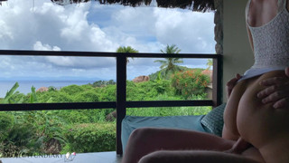 cock bouncing on a public balcony on honeymoon in paradise