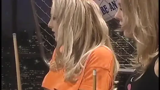 Busty blonde gets her asshole fingered and pool stick shoved in her pussy