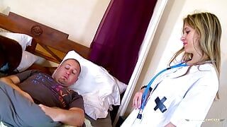 Nurse in white stockings takes care of her patients cock