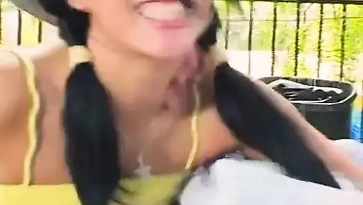 Latina brunette in pigtails sucks cock and fucks outdoors