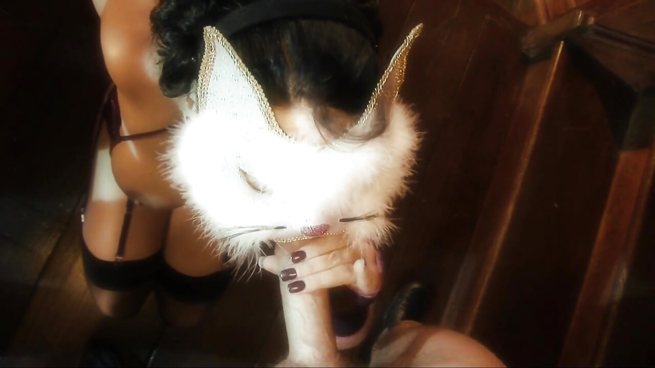 Kinky stud fucks a hot babe in a cat mask and stockings