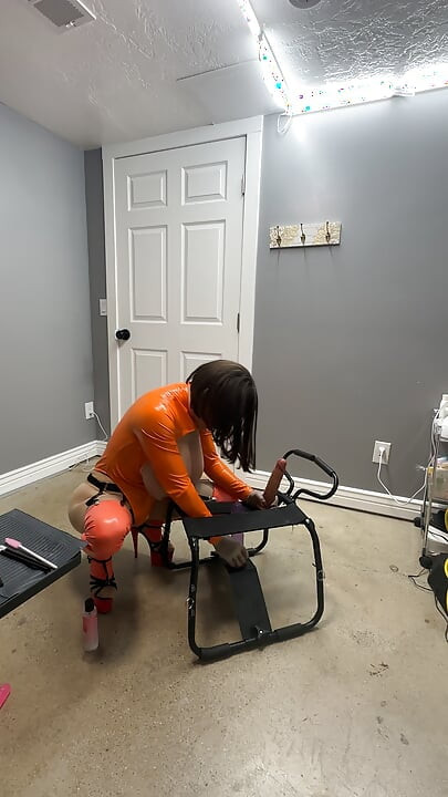 Velma riding her favorite chair with her huge cock and big tits