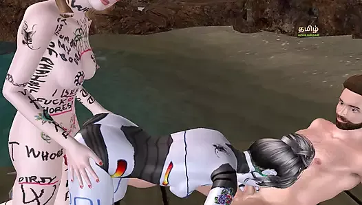 An animated 3D porn video of a beautiful Robot Girl having threesome sex with a man and girl