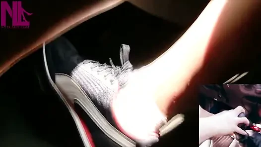 Driving in Blue Nike Sneakers and White Socks