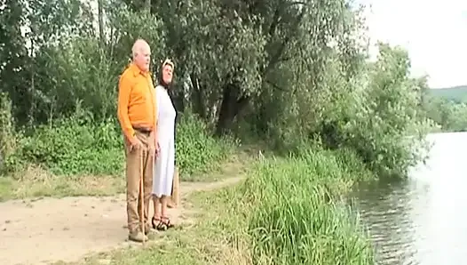 Busty Blonde Teen and Her Granny Fucking Outdoors