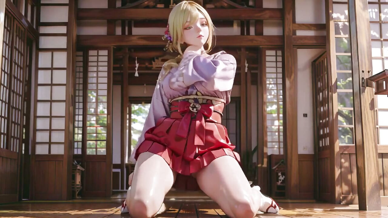 Blond gudinne i den japanske korridoren, late blikk, hånd på hoftene, sollys som badar huden hennes