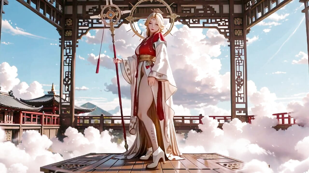 Niebiańska bogini schodzi! Czerwono-biały Hanfu, Golden Hair, Boso w Cloud Array.