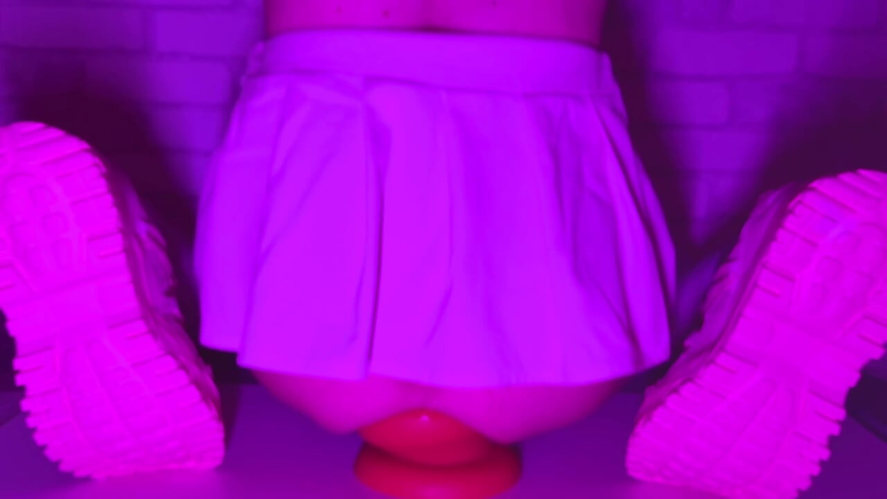 Sissy Girl In Short Skirt Bounces On a Huge 12-centimeter Thick Anal Plug