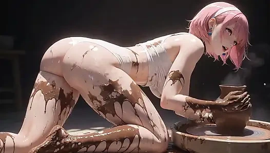 AI Pink Haired Girl Molds Clay Basin & Smears Wet All Over Her Body.