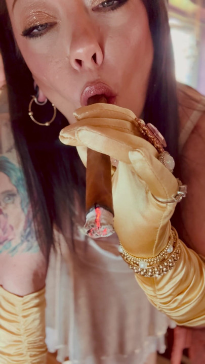 Cigar Smoking Tina Snua In Gold Satin Gloves & Rings - Smoker Smokes OME Drifting Smoke | Clip 2