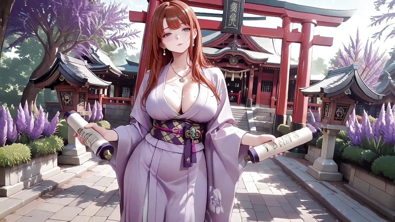 Crvenokosa kimono boginja! Klečeći ispod Kapije Svete Tori, ona prilagođava svoju odeću bez leđa stidljivim pogledom.