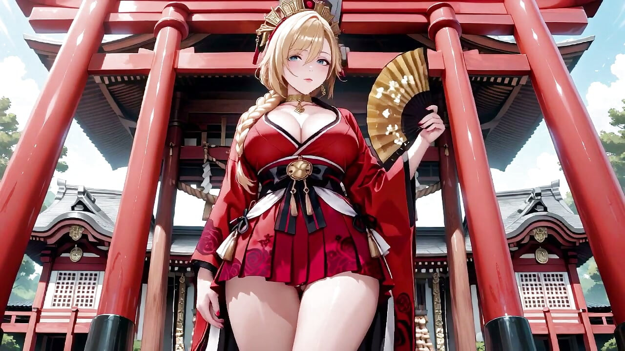 Red & Black Miko! Forbidden Shrine Prayer, High-Slit Hakama Exposure, Golden Goddess's Wet Gaze!