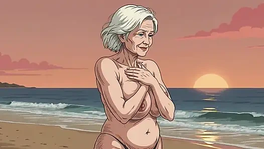 Cartoon, dicke möpse, strand reift