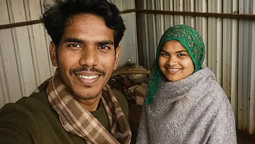 Husband wife of Indian Desi village enjoying in the field in winter and ...