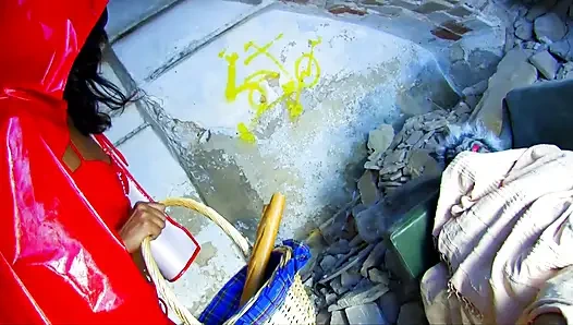 Sexy little red riding hood gives a blowjob to the werewolf