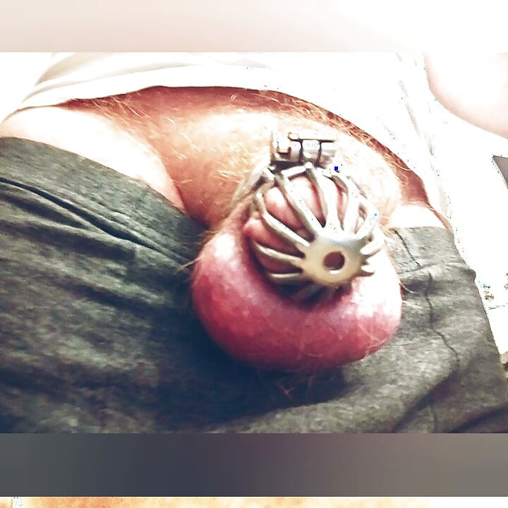 Chastity boy try to cum while in cage