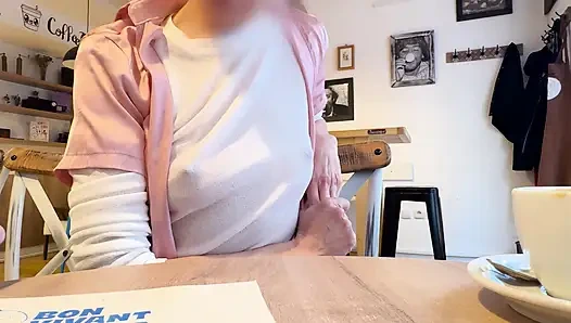 Extremely sexy white sheer blouse exposing my big hard pierced nipples in a coffee shop