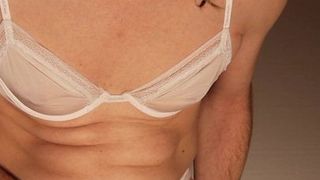 Crossdresser in silky white lingerie (Thlin1070490)