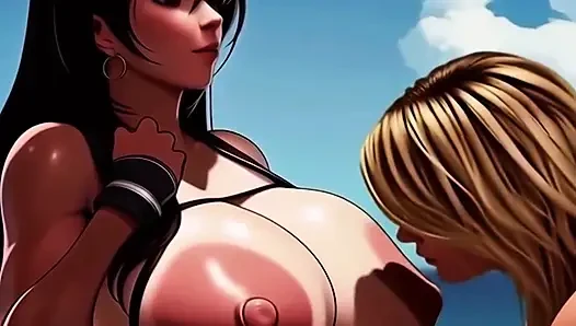 Tante lesbian dengan susu saling menyusui di depan umum