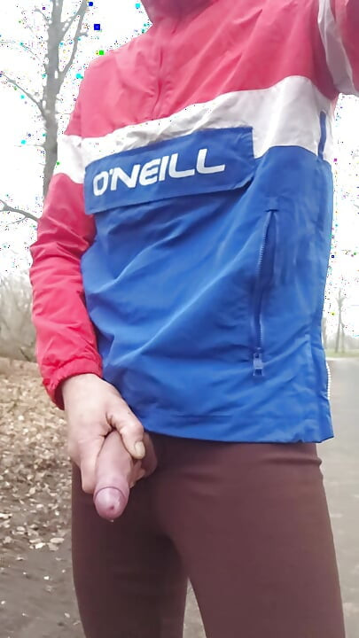 Skinny boy must piss and take a walk. Public pissing with big hard dick