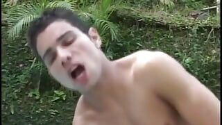 Horny gay studs with sexy babe fucking each other hard outdoors