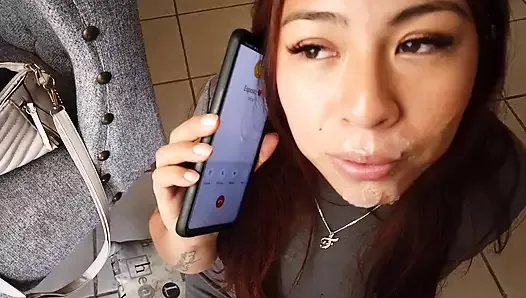 She sucks me off while talking to her husband on the phone