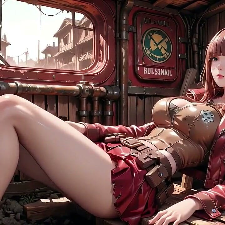Tight Leather Suit Hugging Her Perfect Hips. She Lounges on the Broken Train Car, Hand Stroking Armor, Eyes Hazy yet Fierce.