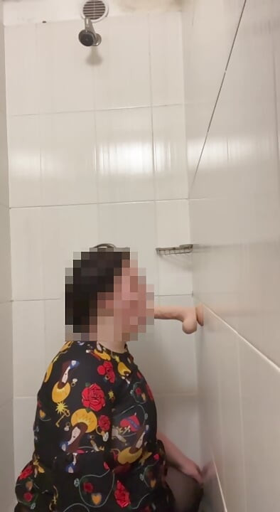 chubby fem boi crossdresser playing with dildo in shower