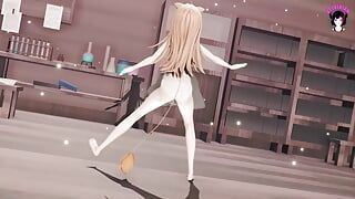 Linda adolescente en vestido blanco bailando (3D HENTAI)