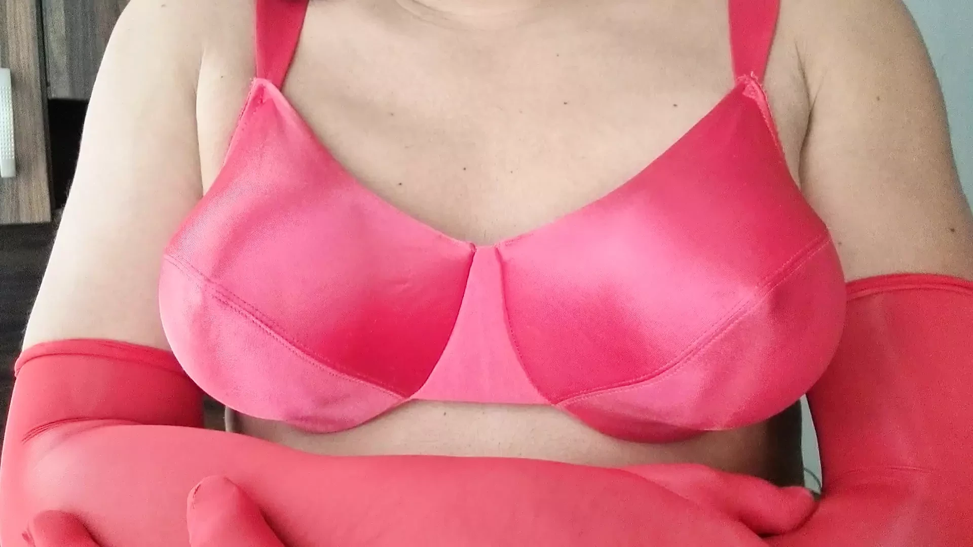 Sexy Vs Red Satin Bra, C Cup Caressing Boobs