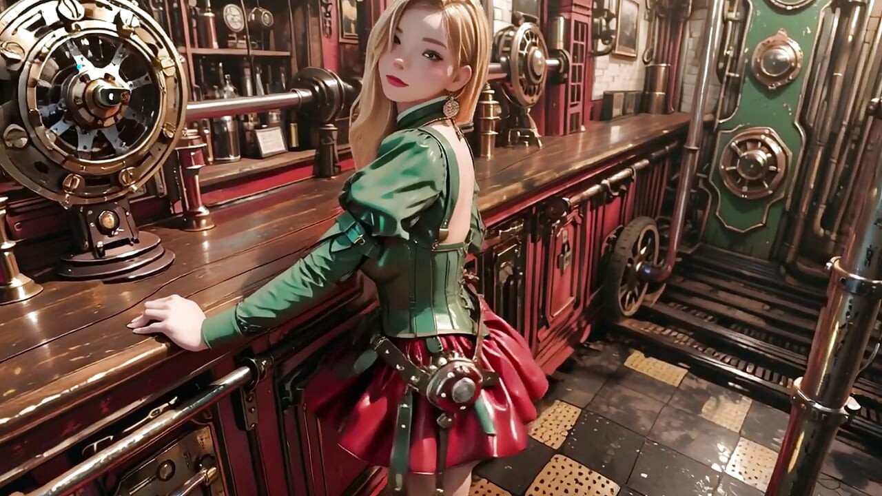 ¡Secretaria rubia steampunk! Poses perezosas entre engranajes gigantes, ajustándose las gafas con mirada provocadora.