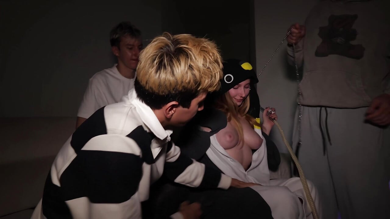 Three guys with huge cocks persuade a girl at a party to take all their big cocks in every hole