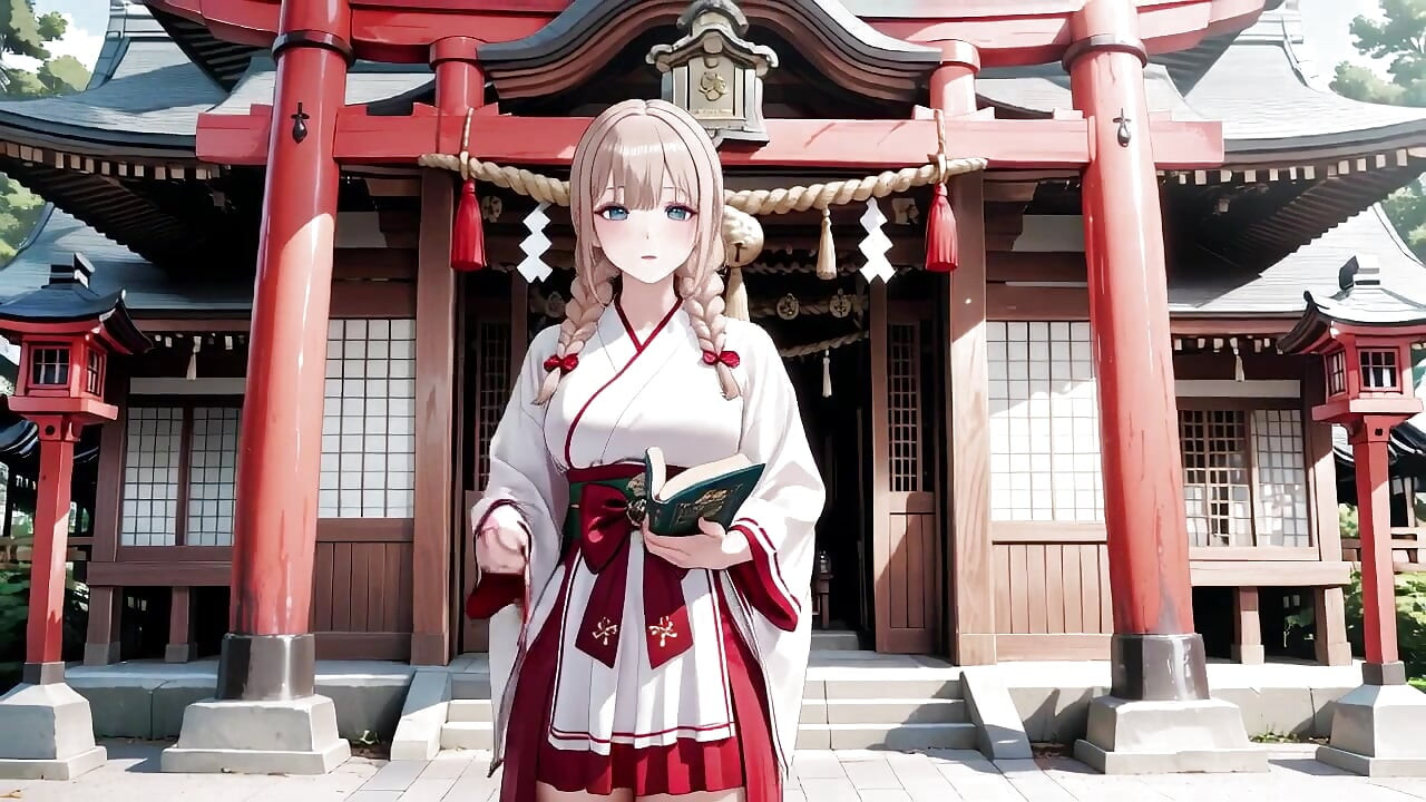 Red & White Miko! Forbidden Encounter at the Shrine, Golden Hair Trembling Under Sacred Robes, From Solemn Kneel to Blurry Gaze