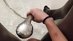Masturbating with a shower in the bathroom in pantyhose, I'm so wet... Mmm...
