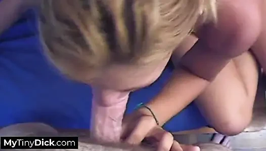 Her head bobs with increasing urgency as she sucks his tiny cock