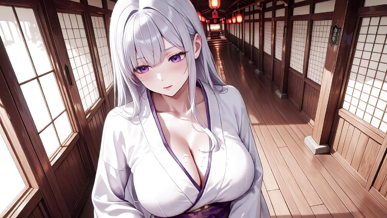 Secretele lui Miko Shrine, cu părul argintiu! Kimono alb jumătate fără contur, îngenuntru pune și contact intens cu ochii.