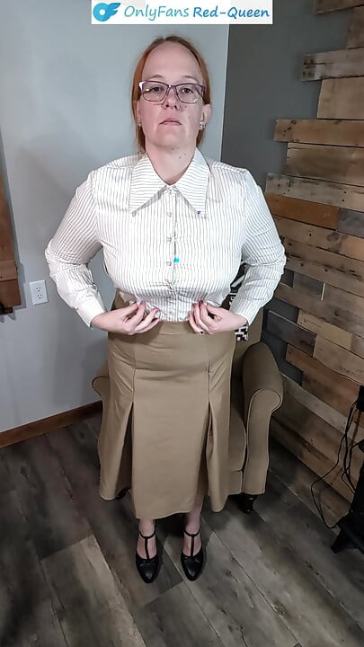 Classy Redhead 50S Secretary or Teacher Outfit Dressing From Girdle and Stockings - Heels, Dress, Blouse, and No Panties