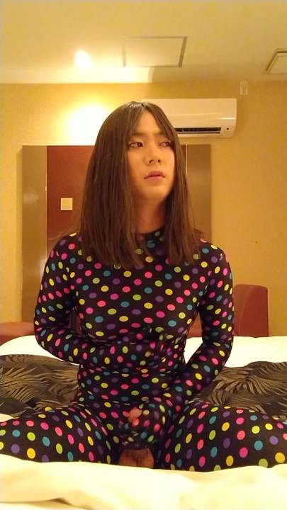 Japanese crossdresses masturbate wearing colorful morphsuit | Clip 1