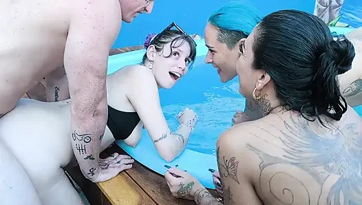 3 naughty friends paying the pool owner on the xerecard