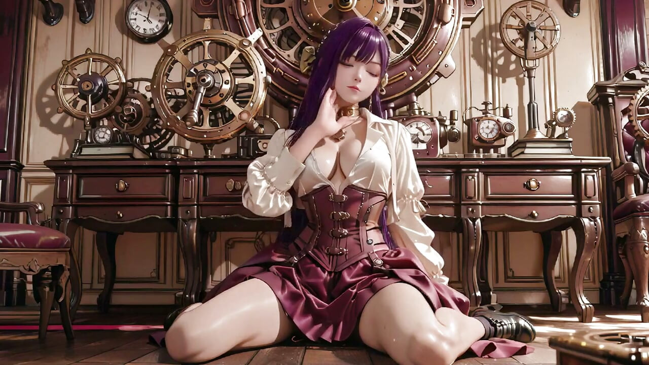 Purple Hairs in a Steam Fantasy! Surrounded by giant gears, she kneels lazily.