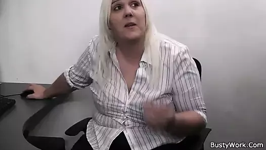 Blonde secretary fatty sucks and fucks at work