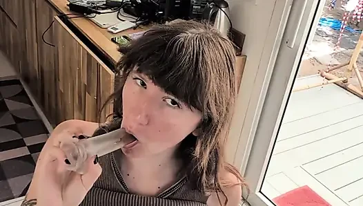 Horny Beautiful Cute Teenage Masturbation Shot from Above with Dildo and Blowjob