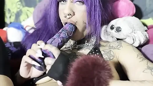 Tattooed and Pierced, Cosplaying Goth Girl Stuffs Her Wet Pussy with Bad Dragon Fantasy Toy