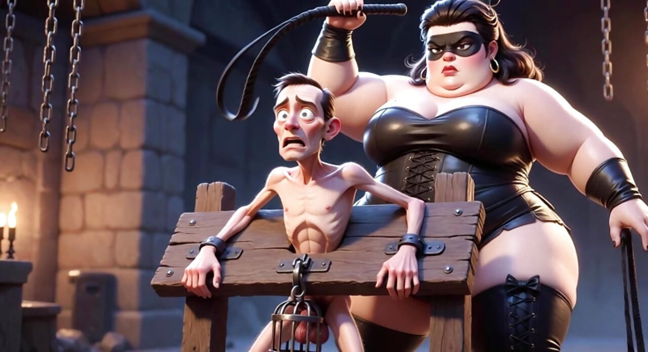 Fat Dominatrix Whips Slaves Caged Penis - Extreme Humiliation