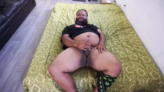 Fat bear jerking off in roommates bed