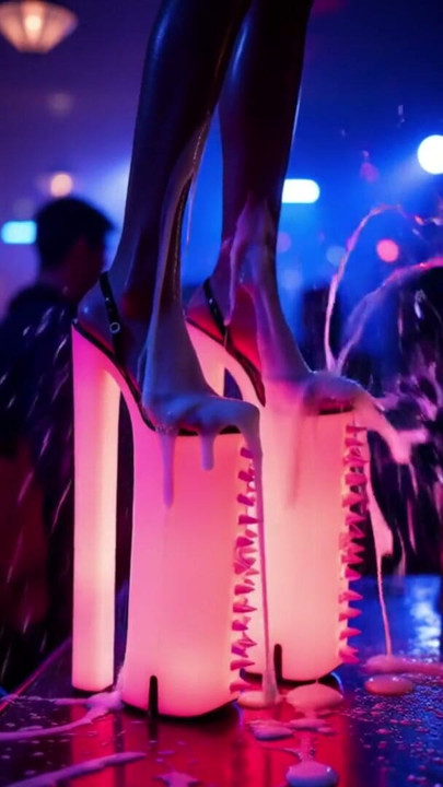 Hot high heels on a counter in a nightclub with messy cumshots on legs, feet and heels. AI-generated | Clip 1