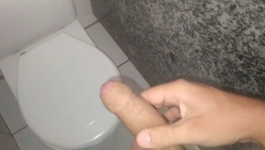 Prostate stimulation with sausage and horny cock in the bathroom at work.