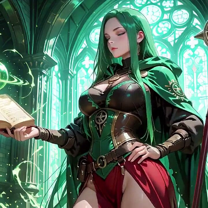 Gotik bir katedralin ethereal mavi parıltısı altında, personeliyle diz çöker, gözleri sana kilitli.