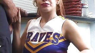 Young Latin cheerleader gets her pussy licked and fucked on a desk